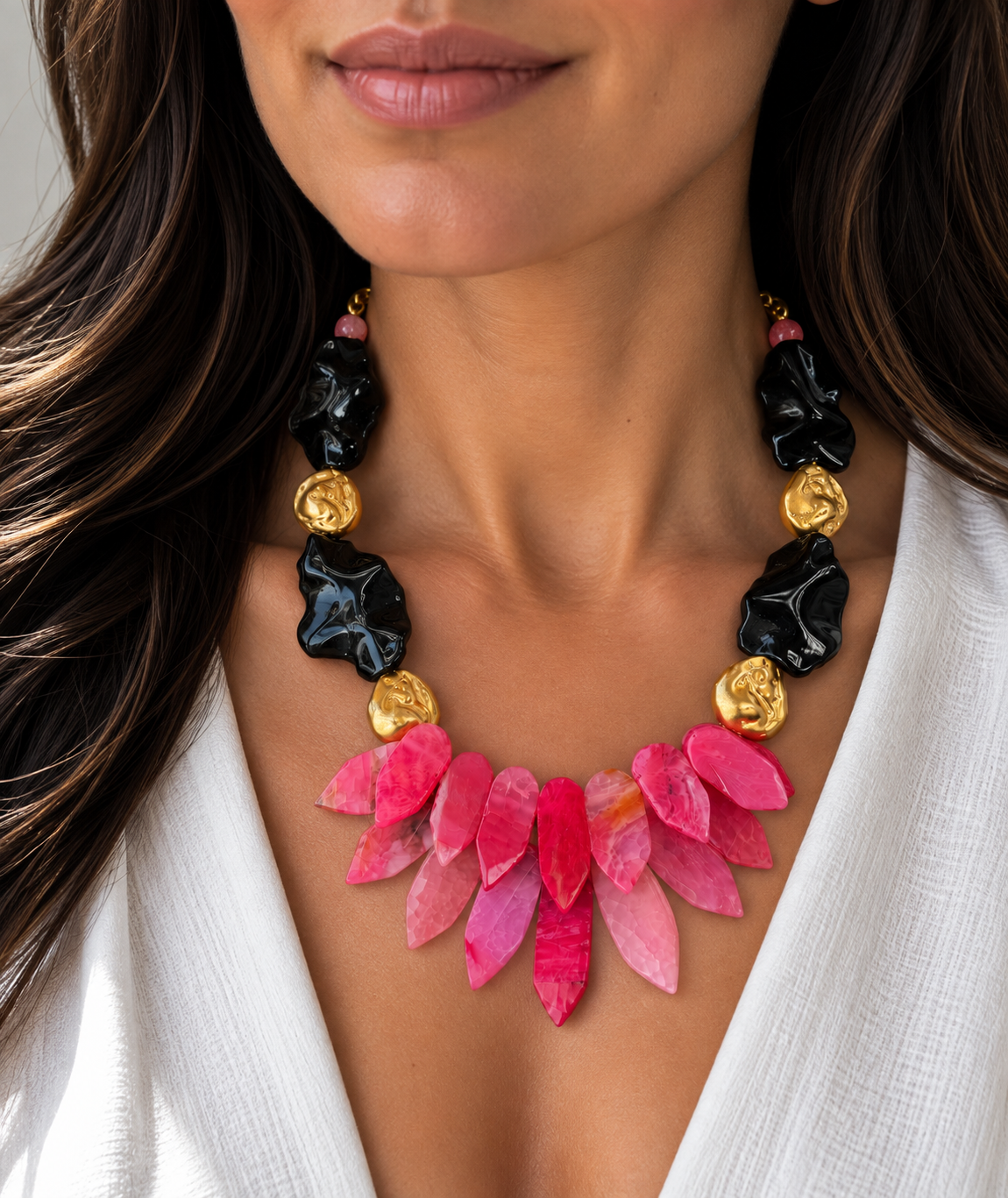 Pink Agate Bloom & Black Jasper Necklace