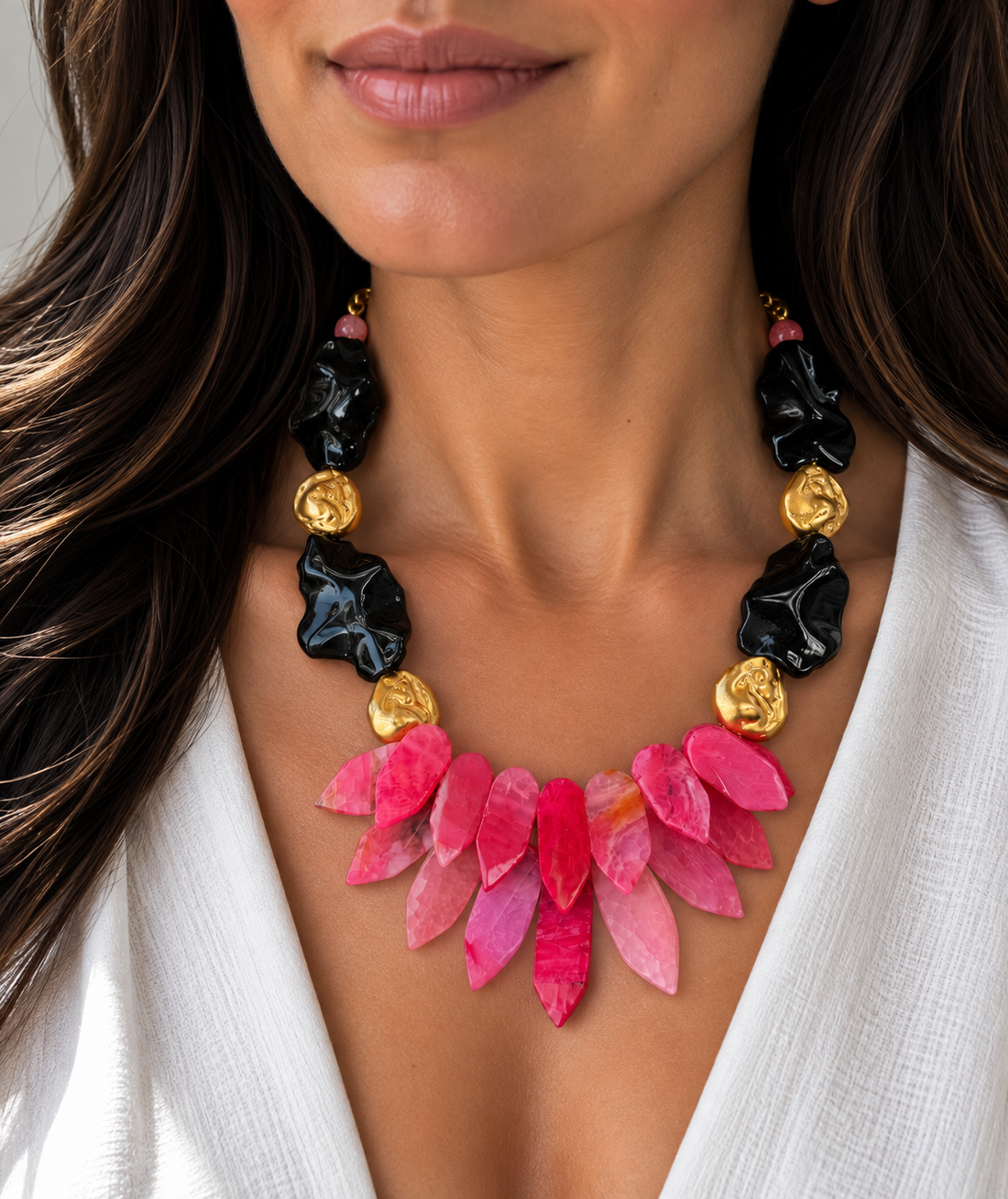 Pink Agate Bloom & Black Jasper Necklace