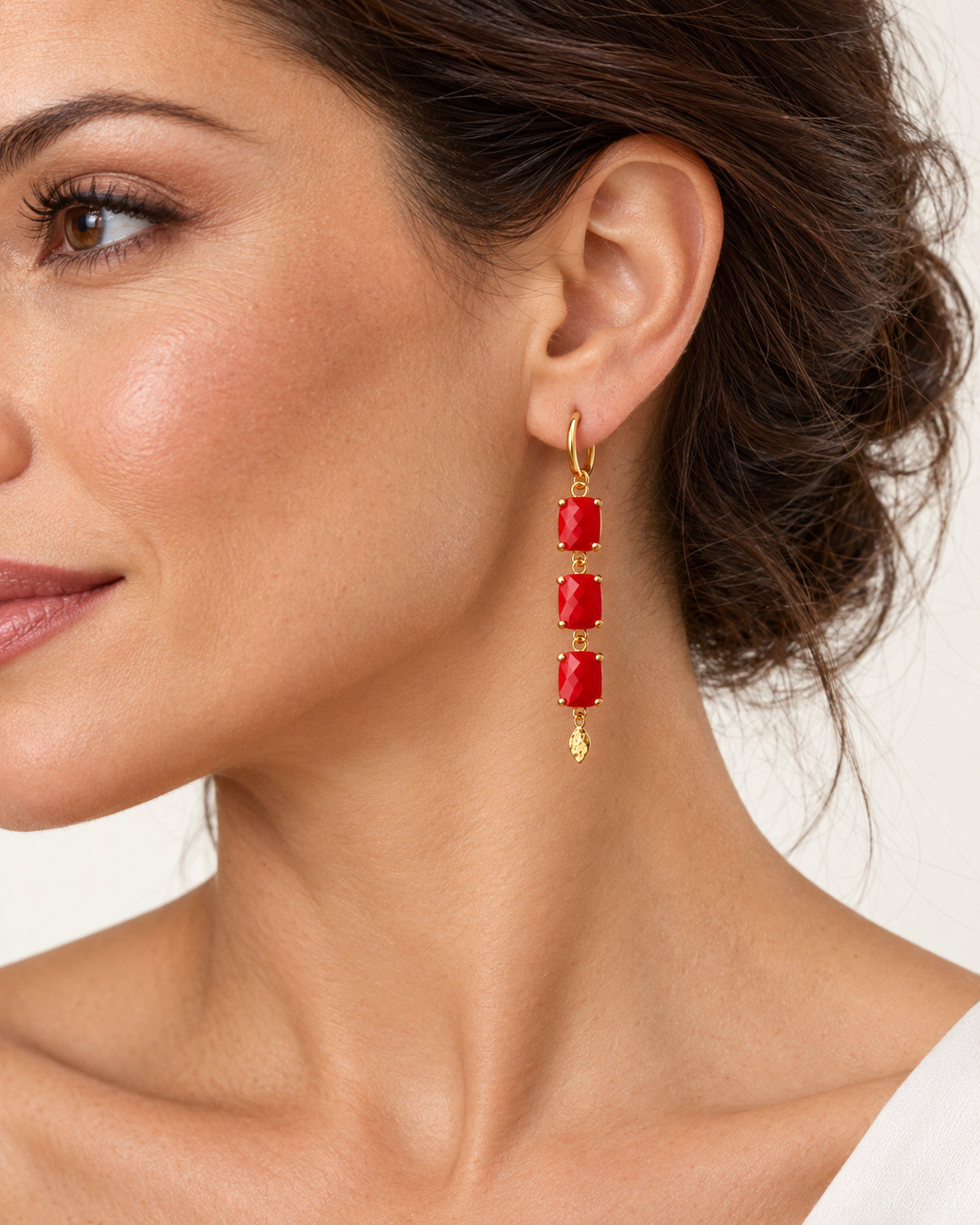Red Triple Stone Drop Hoop Earrings