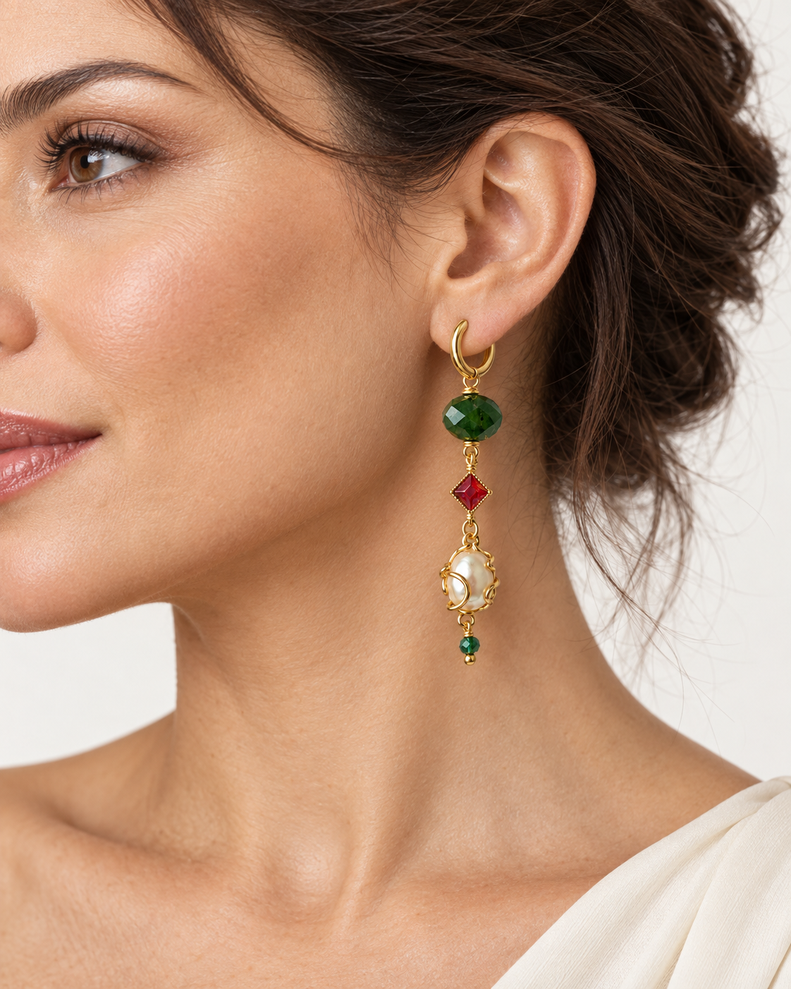 Green, Red & Pearl Drop Hoop Earrings