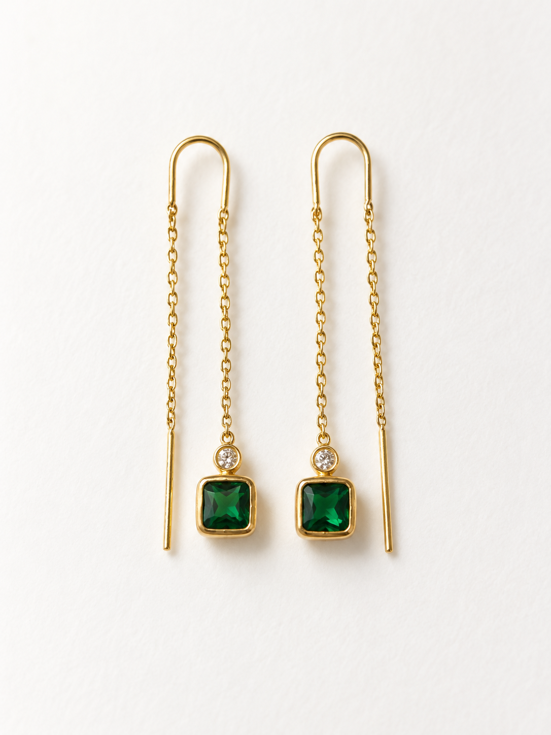 Green Stone & Bar Chain Earrings