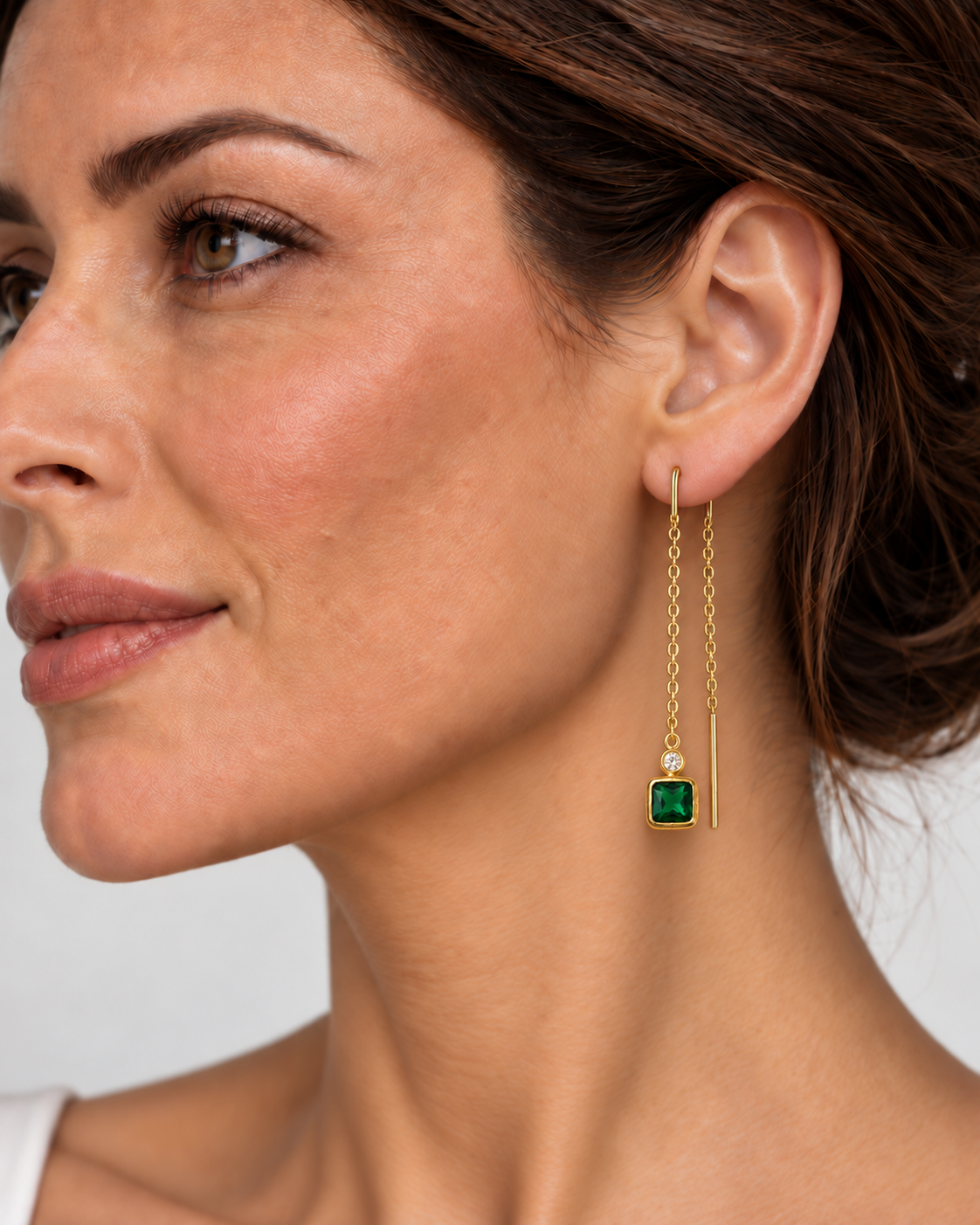 Green Stone & Bar Chain Earrings