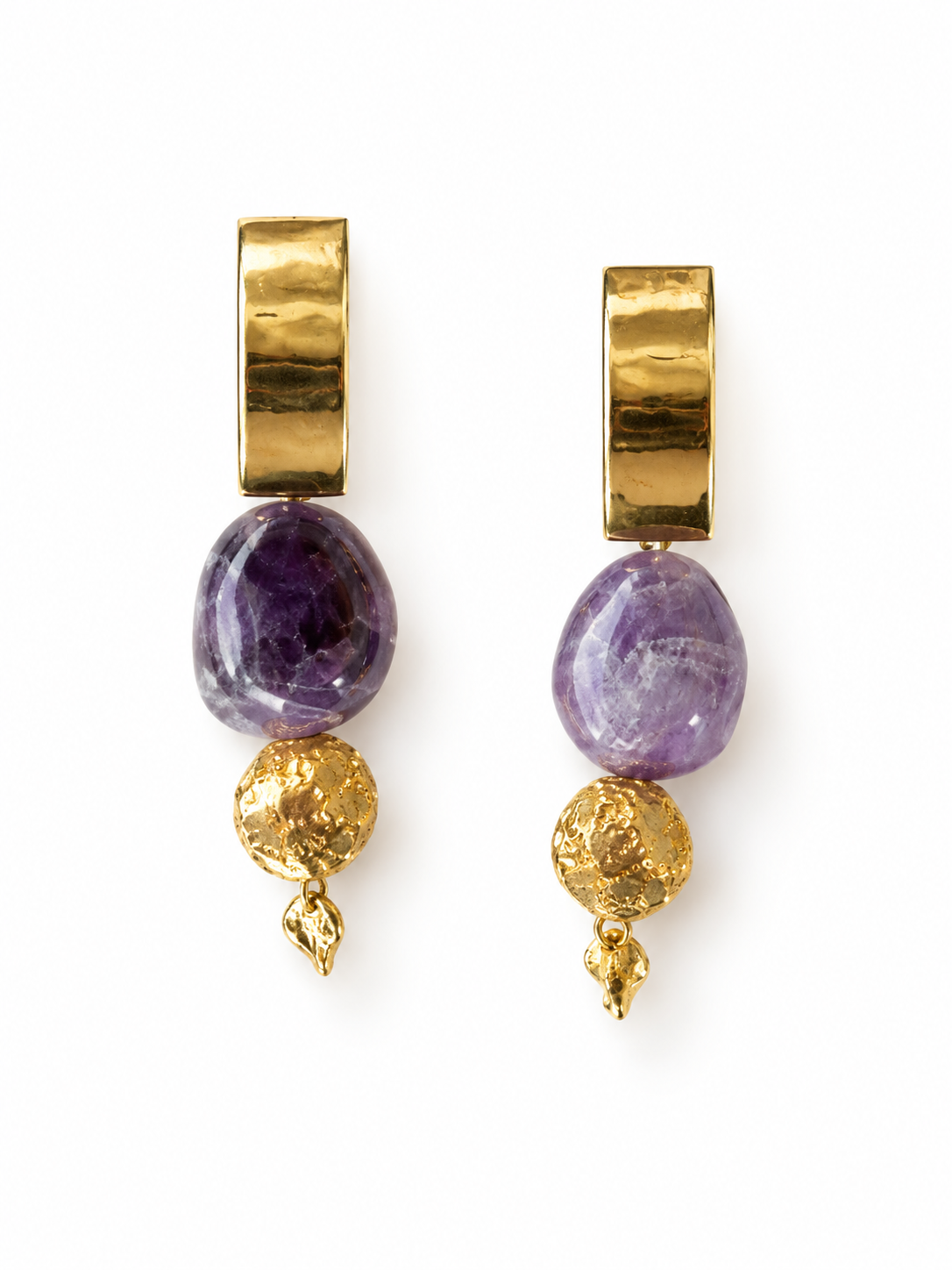 Purple Stone & Golden Disc Drop Earrings
