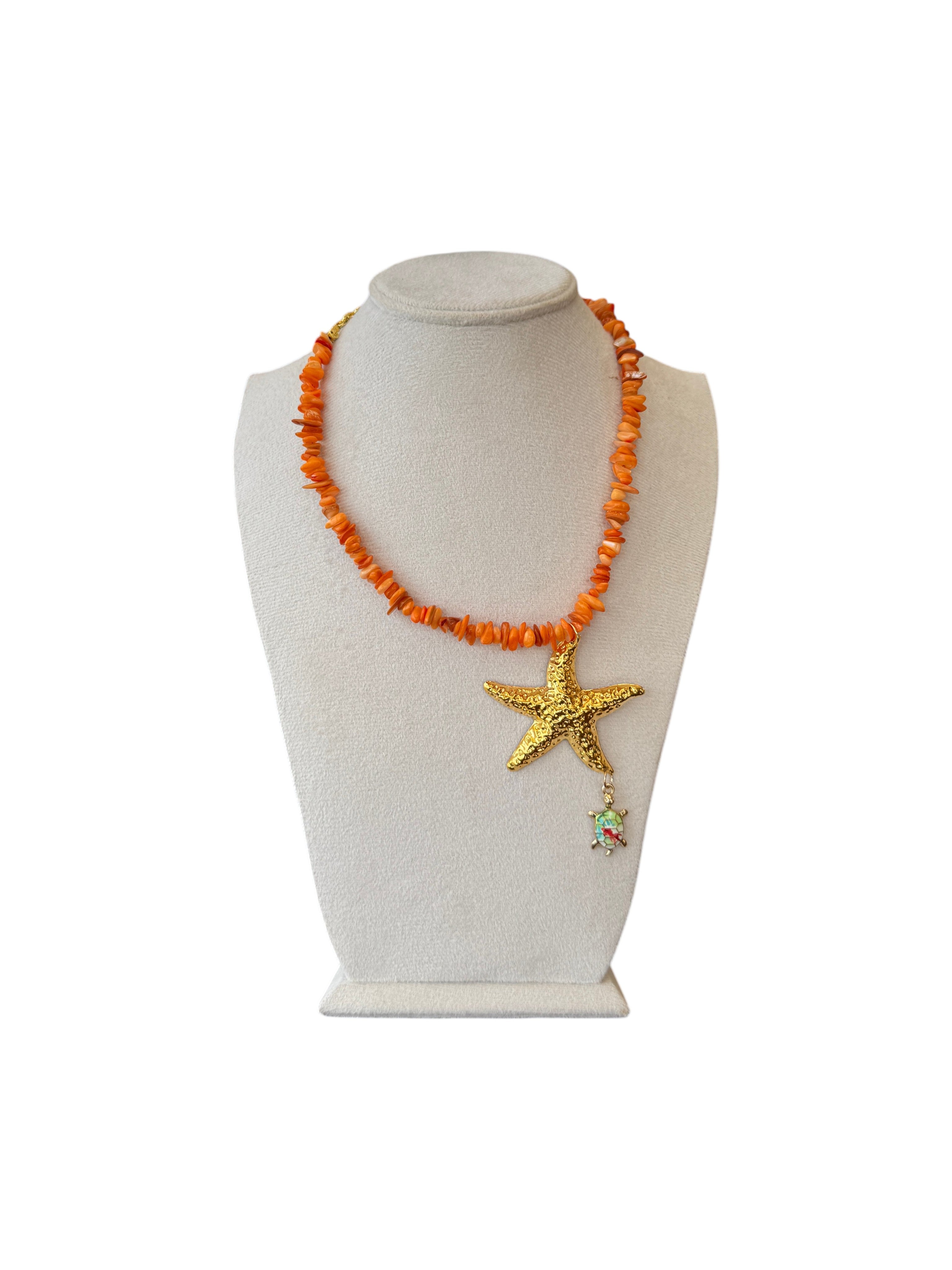 Orange Star Fish Necklace with Charm