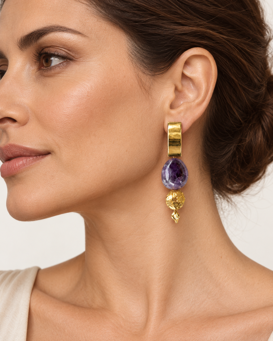 Purple Stone & Golden Disc Drop Earrings