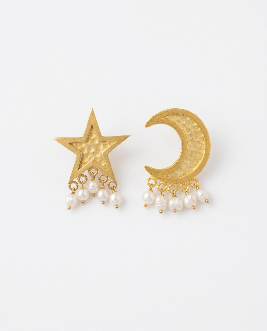 Moon And Crescent Earrings-Pearls Edition