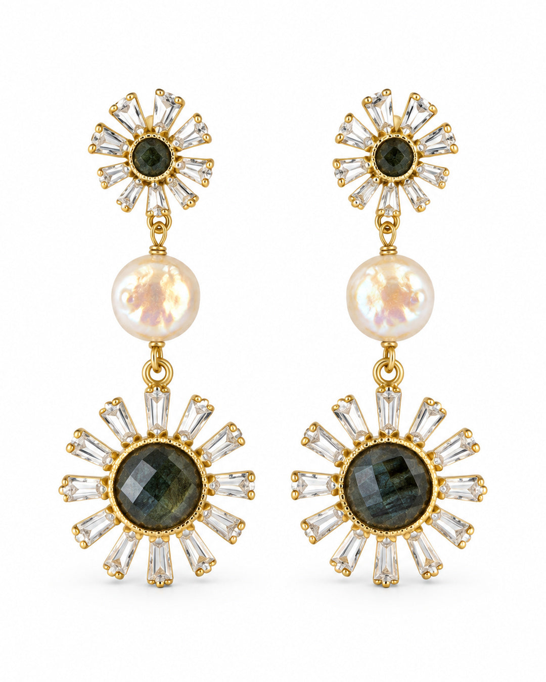 Labradorite & Pearls Sun Earrings