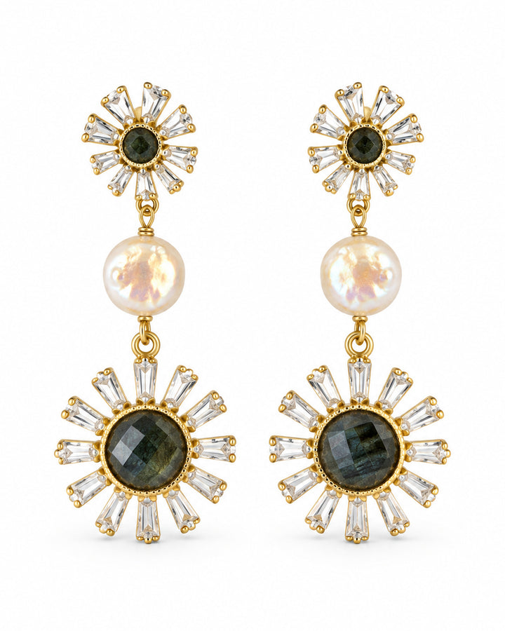 Labradorite & Pearls Sun Earrings