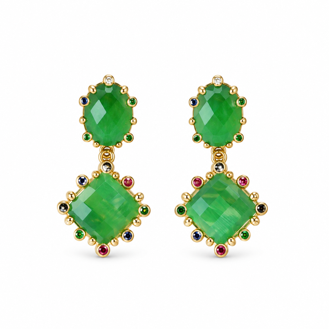 Green Agate & Mosaic Stone Earrings