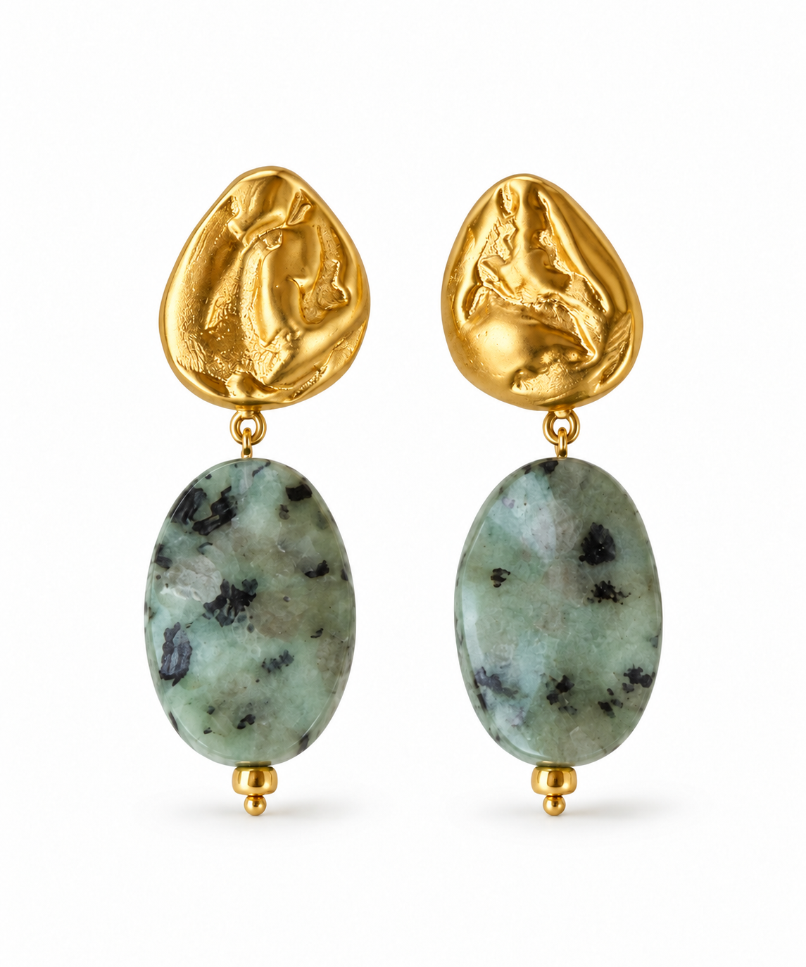Green Jade & Textured Gold Drop Earrings