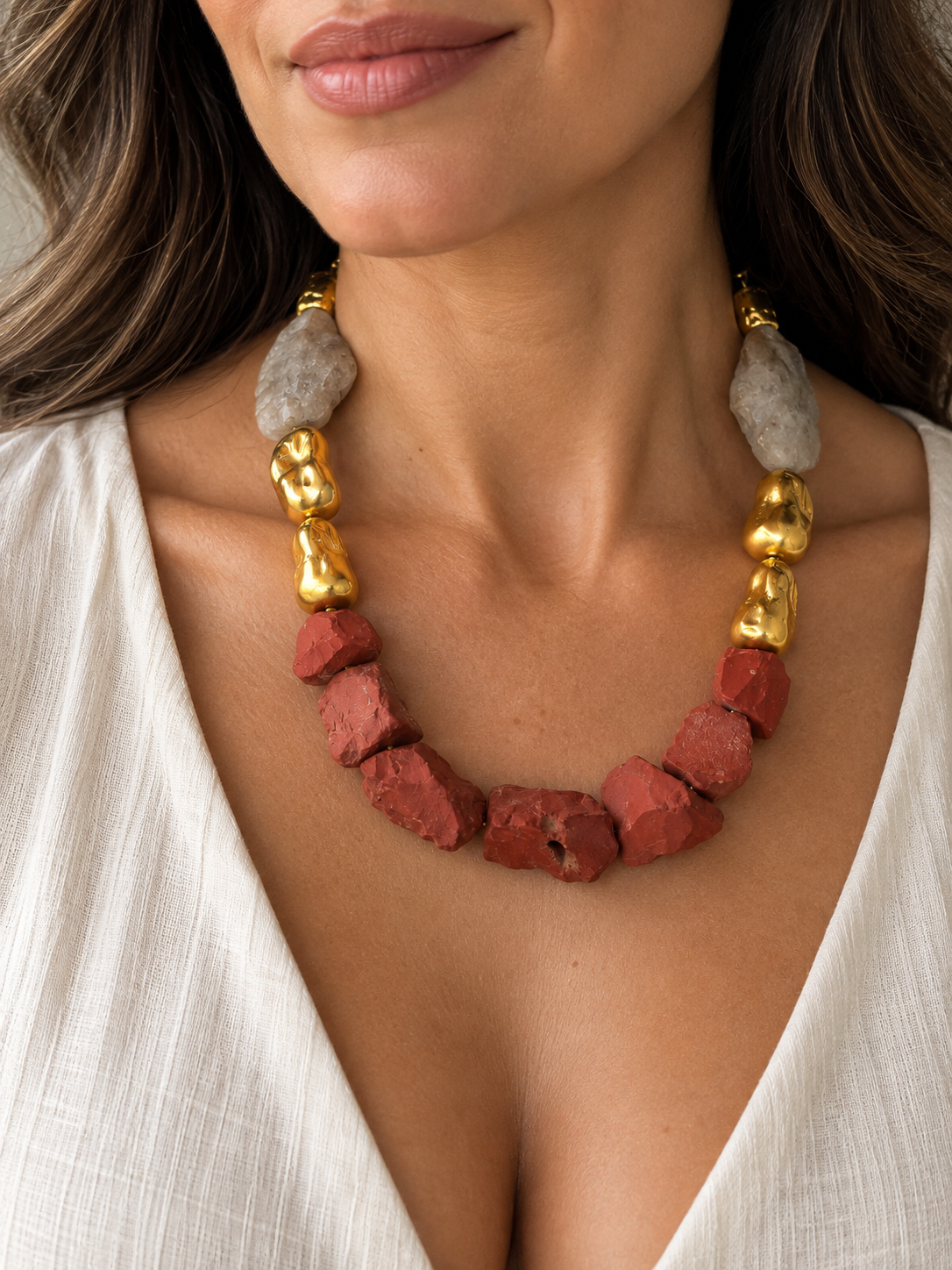 Burgundy Quartz & Beige Agate Necklace