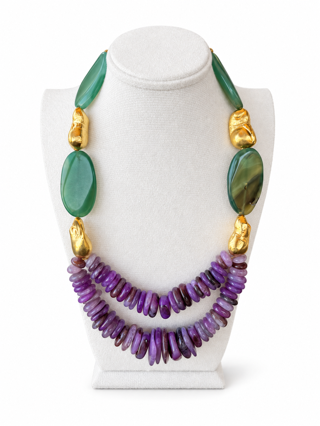 Green Agate & Amethyst Golden Necklace