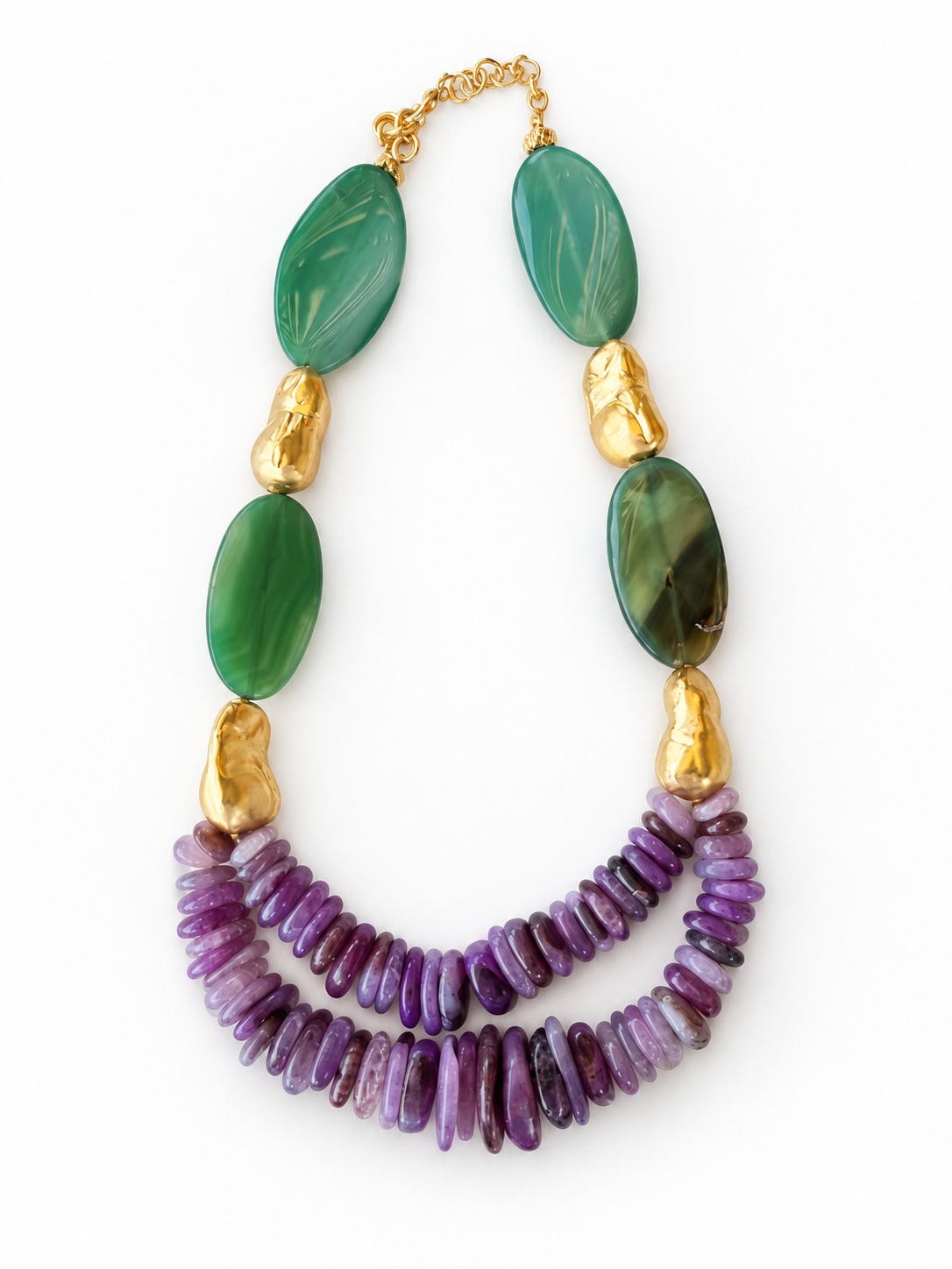Green Agate & Amethyst Golden Necklace