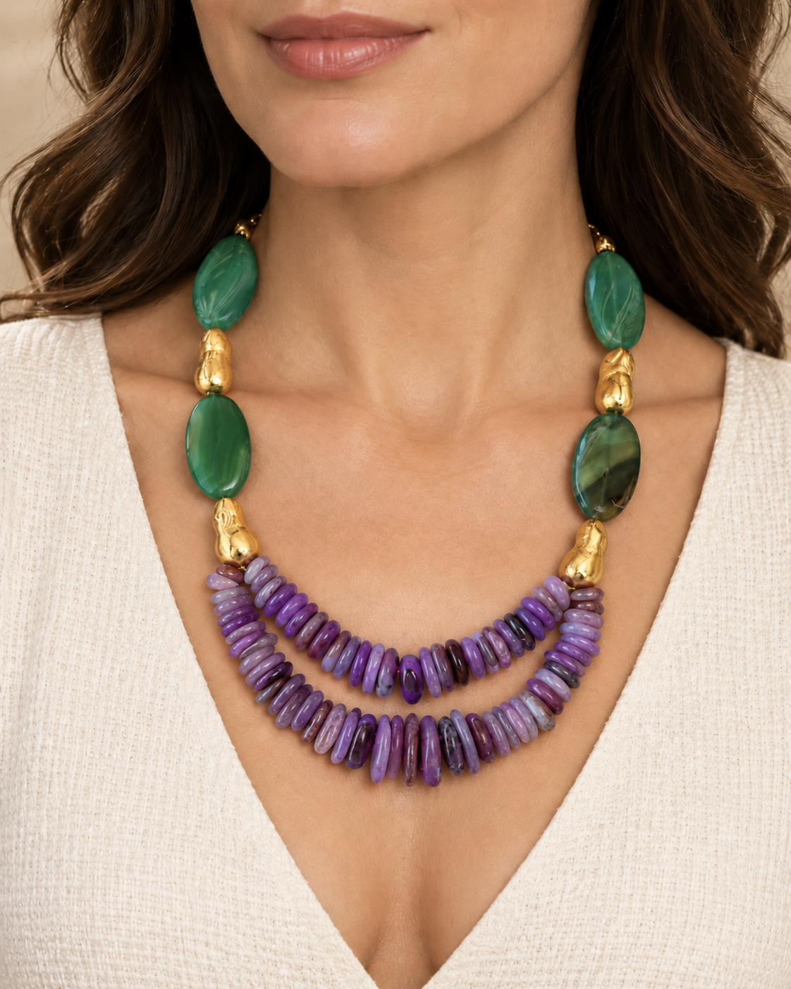 Green Agate & Amethyst Golden Necklace