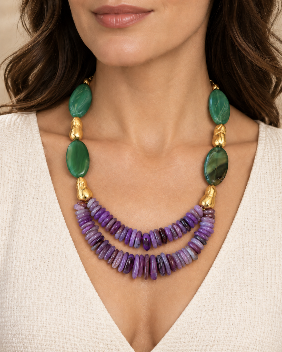 Green Agate & Amethyst Golden Necklace