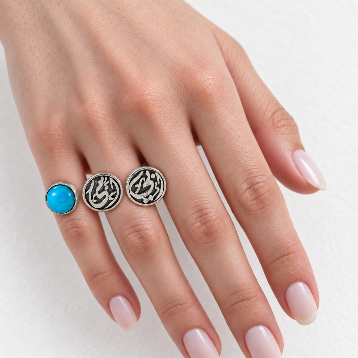 Aby & Oumy Silver Double Ring with Turquoise | خاتم أبي وأمي المزدوج من الفضة بالفيروز