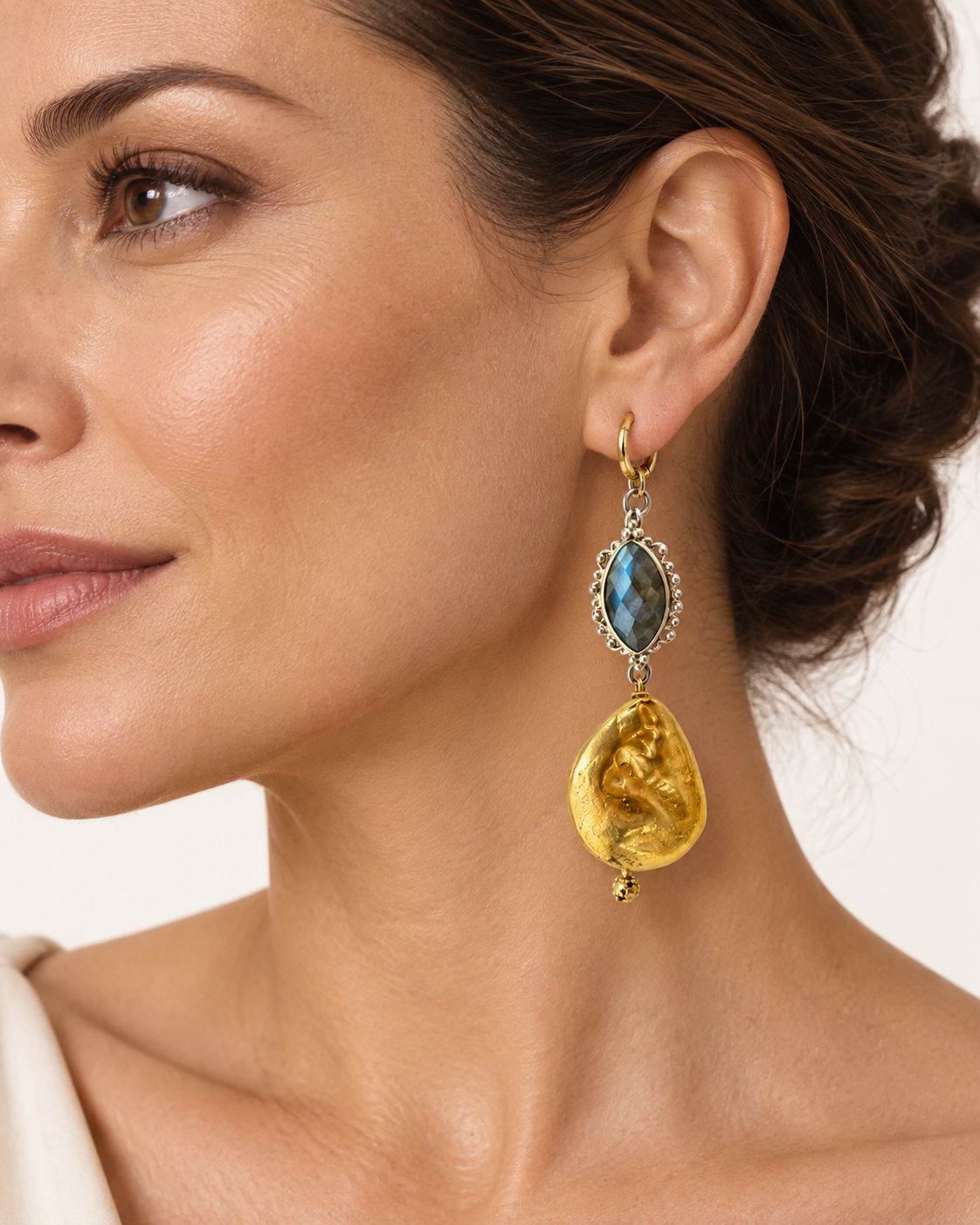 Grey Stone & Sculptural Golden Drop Earrings