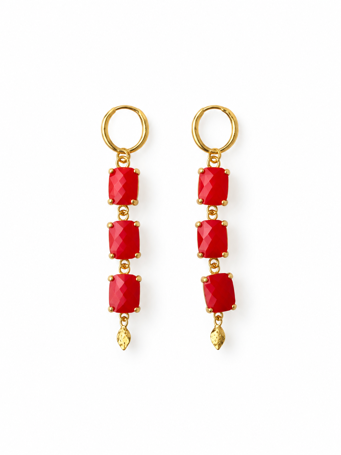 Red Triple Stone Drop Hoop Earrings