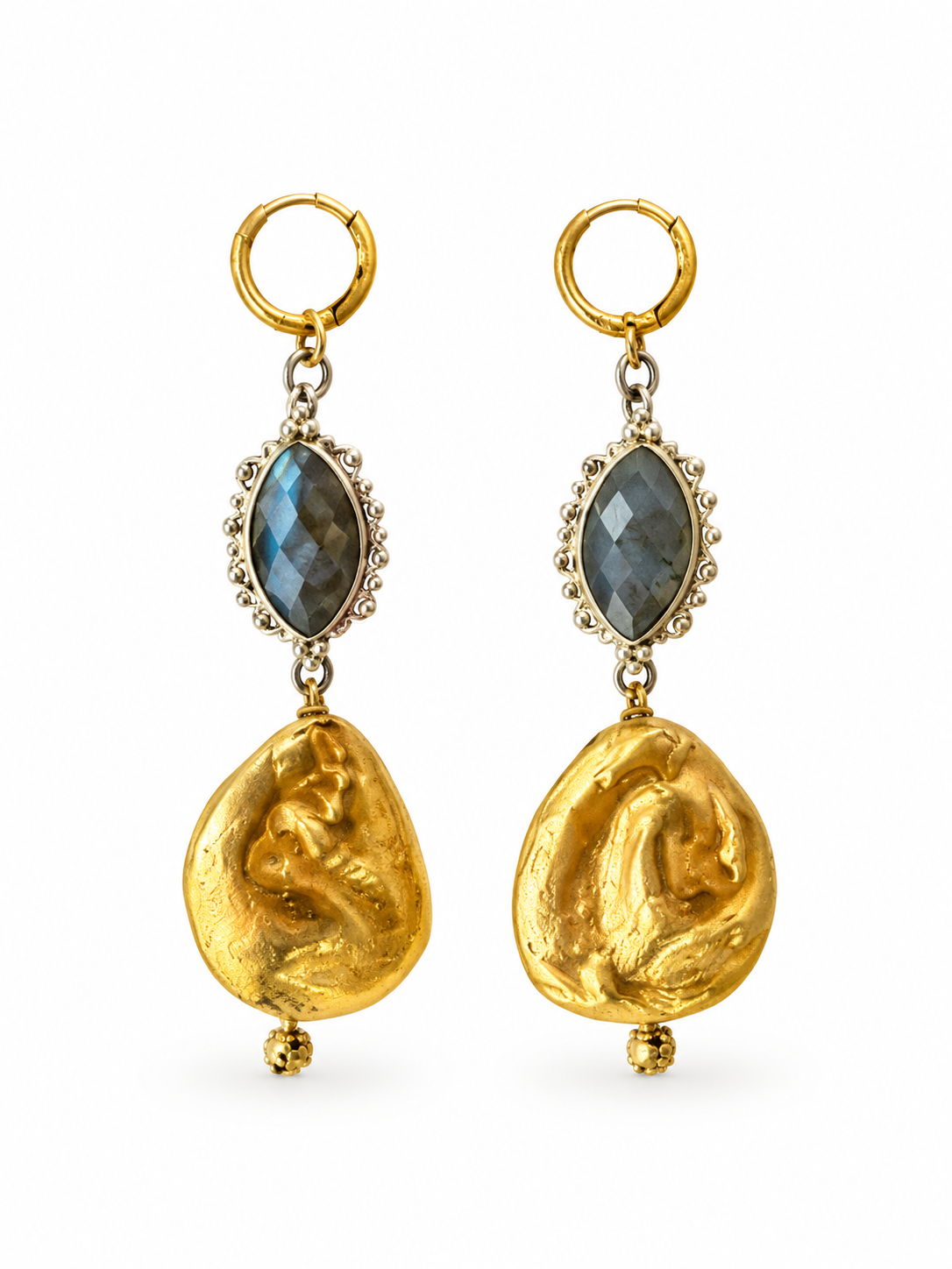Grey Stone & Sculptural Golden Drop Earrings