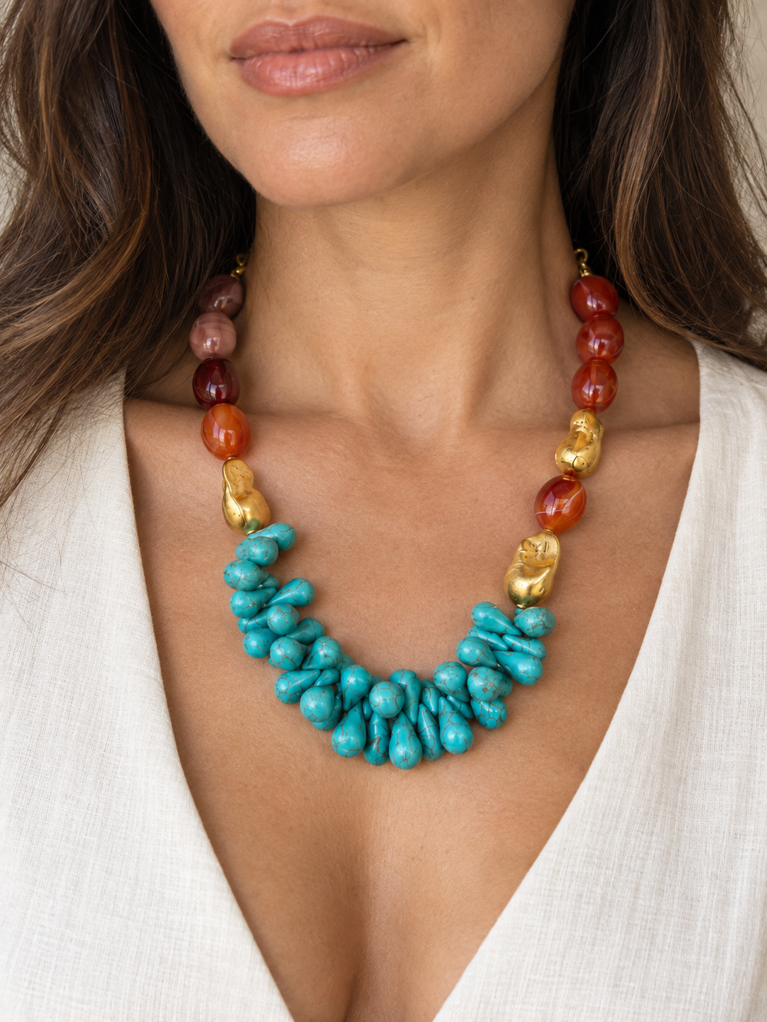 Brown Agate & Farouz Golden Necklace