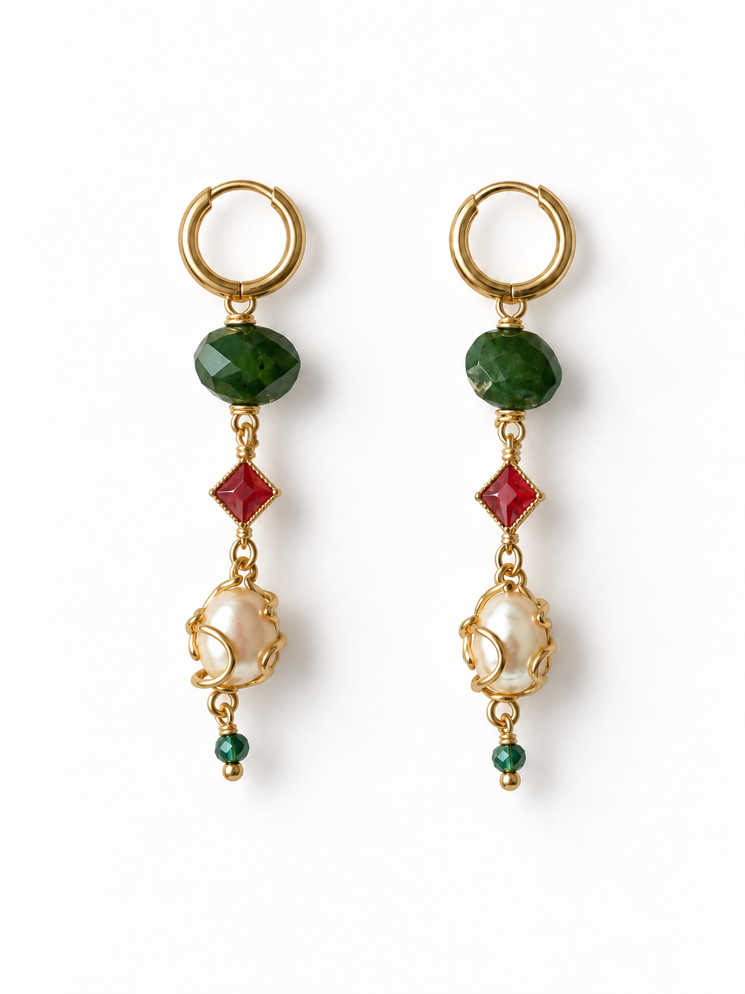 Green, Red & Pearl Drop Hoop Earrings