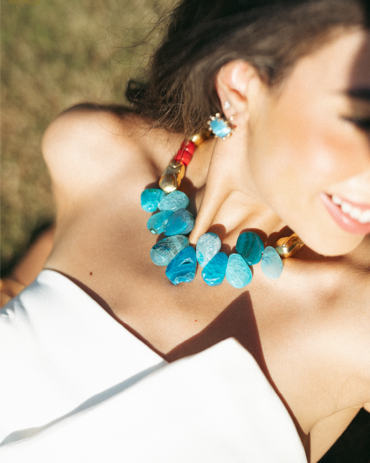Blue Agate and Red Morganite Necklace