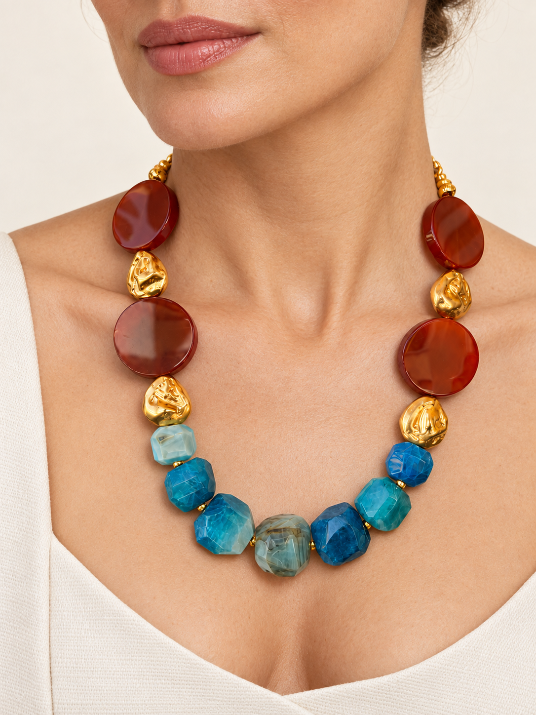 Blue & Brown Agate Golden Necklace